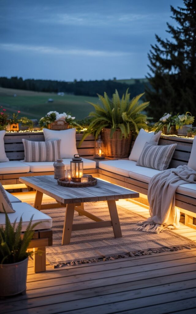 An outdoor patio softly illuminated by LED strip lights under benches and around seating areas.