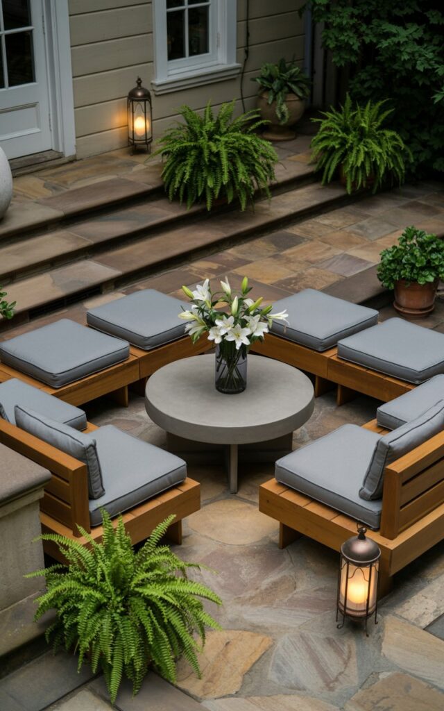 A Scandinavian-style patio featuring modular seating blocks with gray cushions arranged around a concrete coffee table.