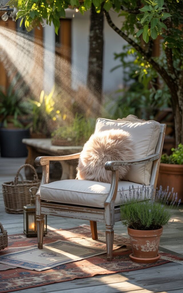 A cozy patio with misting nozzles spraying a fine mist over a wooden armchair and surrounding plants.