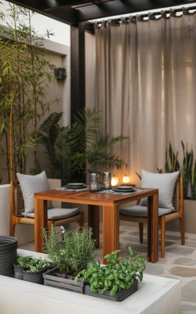 A sleek wooden dining table beside a raised herb garden with rosemary, basil, and mint planters.