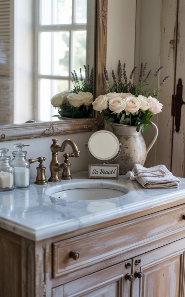 French country bathroom with a distressed wood vanity, marble countertop, and a vintage brass faucet beside a small framed pocket mirror labeled'La Beauté'.