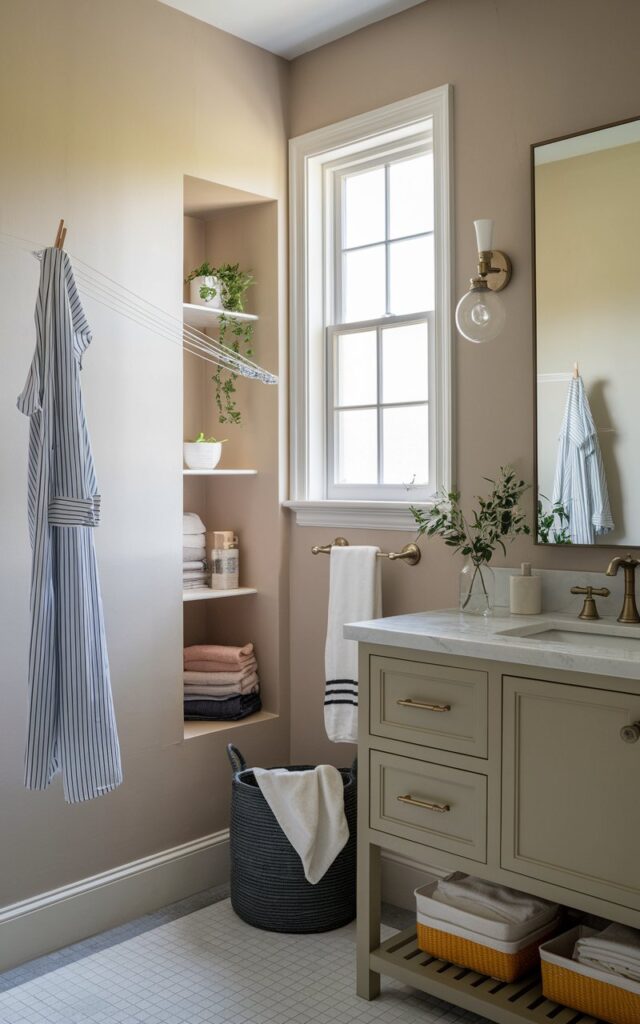 Modern bathroom with a retractable clothesline stretched across, holding clothes in a cozy corner nook.