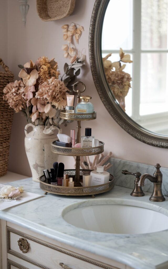 Bathroom with vintage vanity and a 2-3 tiered tray holding makeup, perfumes, and decorative items.