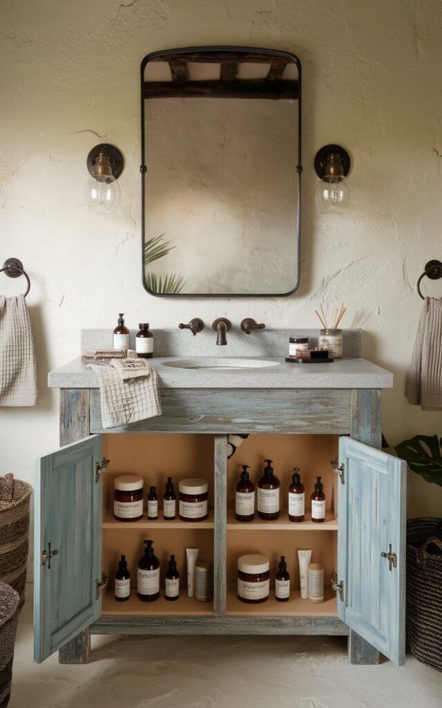 Rustic bathroom vanity with open cabinet doors revealing adhesive shelves stocked with toiletries in clear jars and labeled bottles.