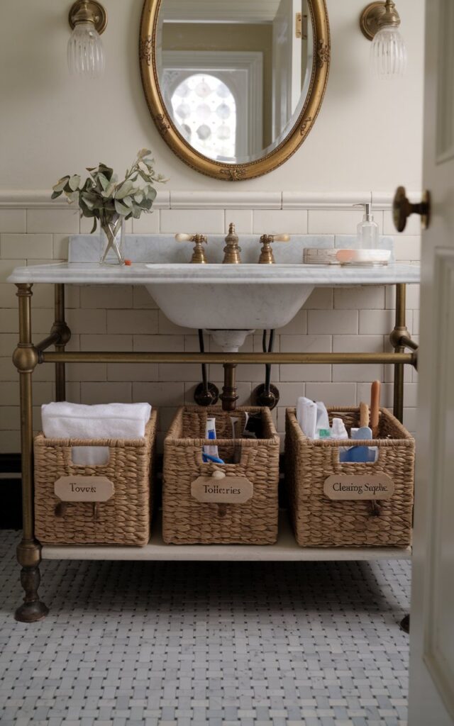 Vintage bathroom with woven baskets under vanity labeled'Towels,''Toiletries,' and'Cleaning Supplies'.
