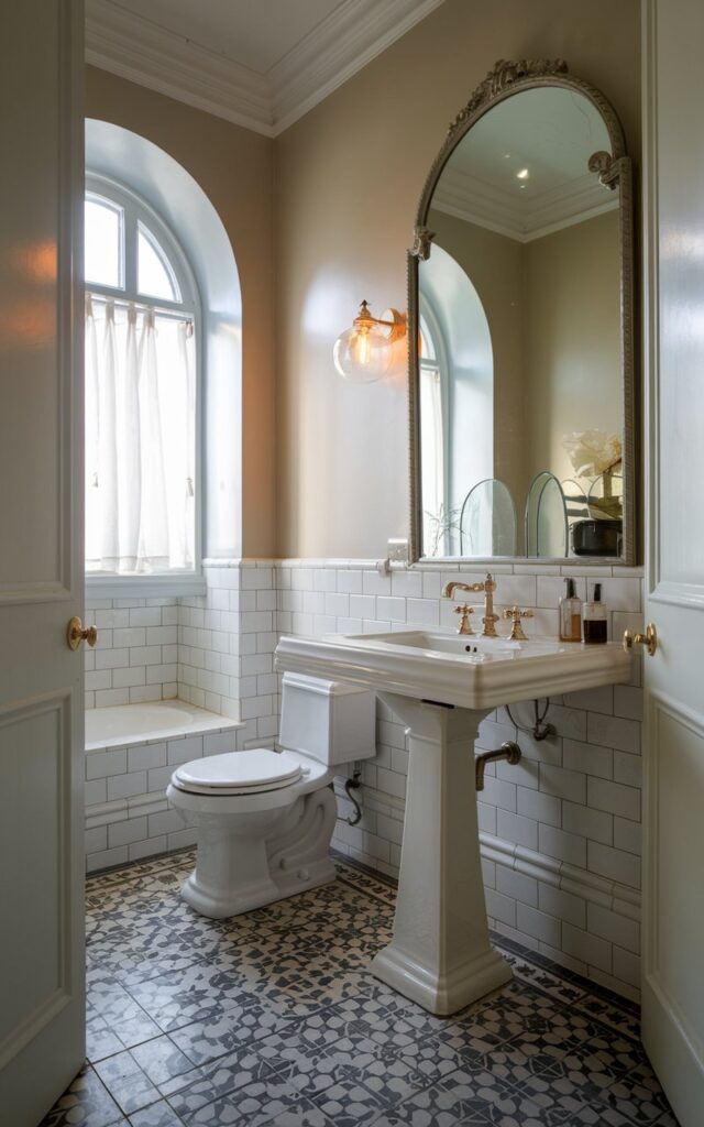 Victorian bathroom with a sleek pedestal sink, patterned floor tiles, and ornate mirror.