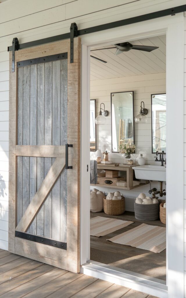 Farmhouse bathroom with a reclaimed wood sliding door and rustic vanity.