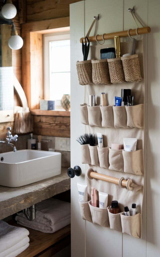 Rustic bathroom with an over-the-door organizer holding hair tools and toiletries.