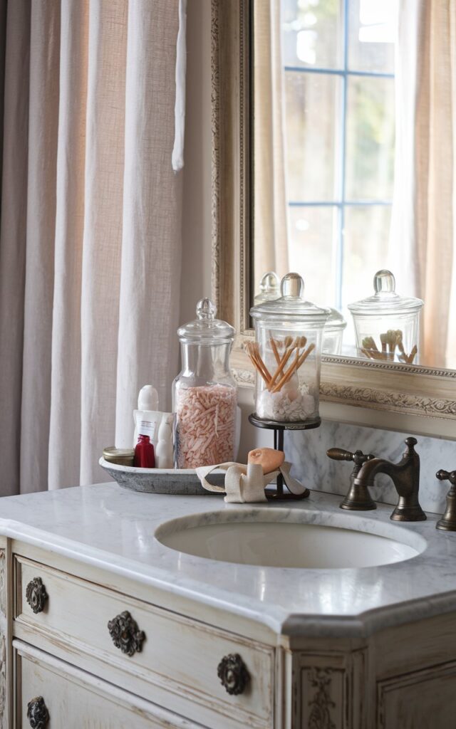 French country bathroom with decorative jars holding q-tips, bath salts, and cotton balls on a marble countertop.