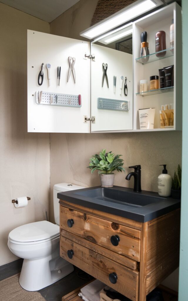 Rustic bathroom with a magnetic strip inside a medicine cabinet holding tweezers, nail clippers, and bobby pins.