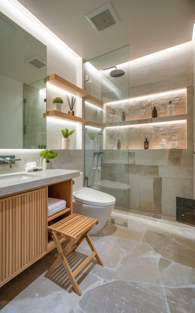 Japandi style bathroom with a foldable wooden stool tucked between vanity and toilet.