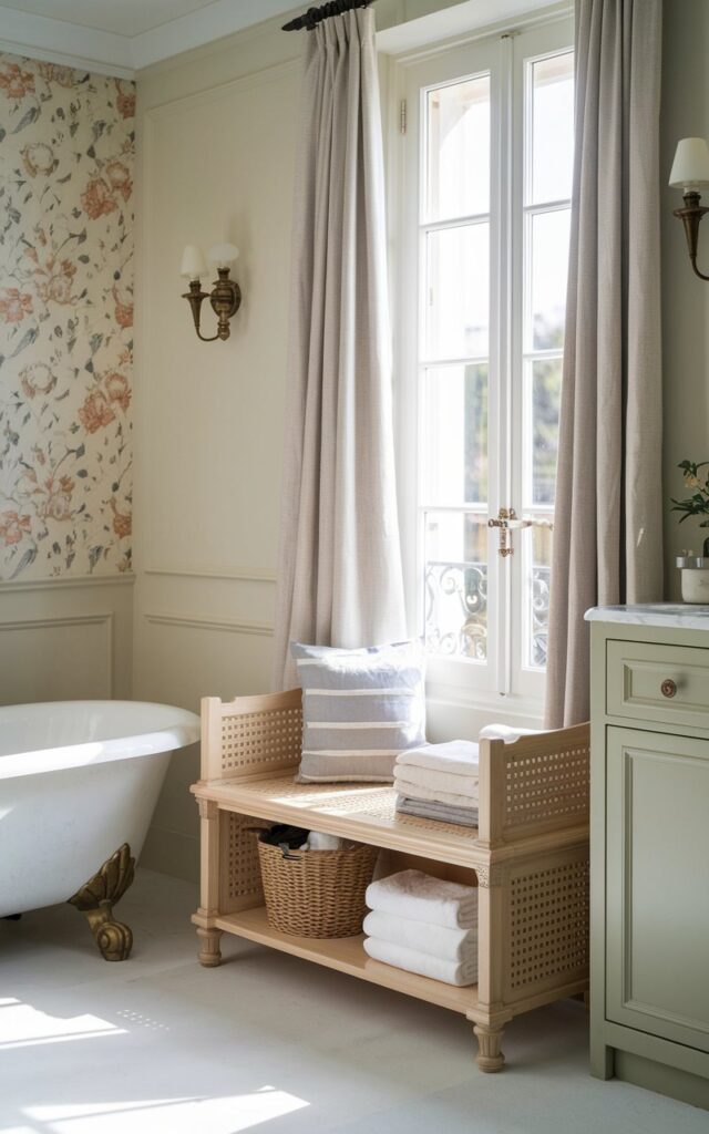 French countryside bathroom with a slim bench featuring hidden storage for towels and toiletries.