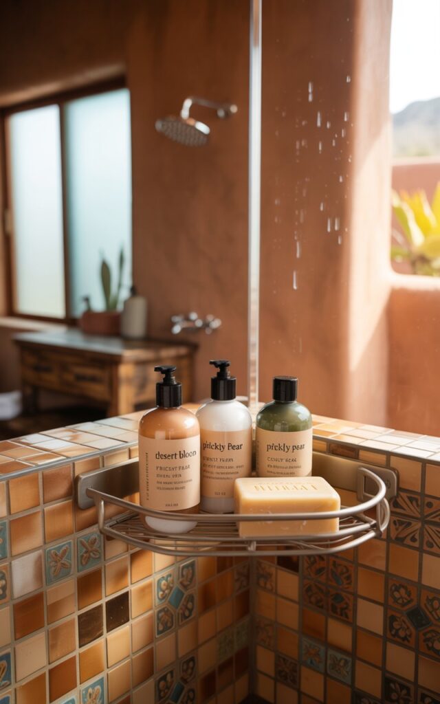 Southwestern-style bathroom with a brushed nickel corner shower caddy holding shampoo and soap.