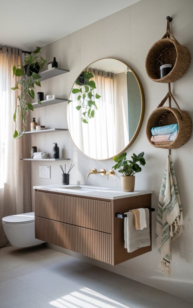 Boho chic bathroom with woven baskets hanging on the wall holding towels and toiletries.