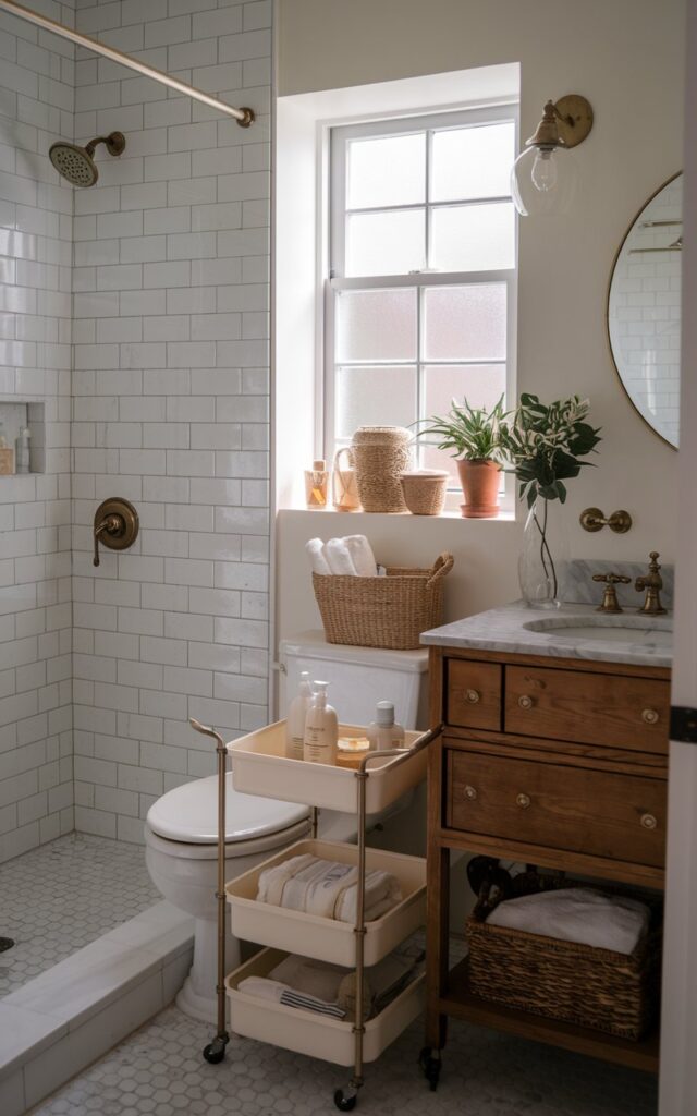 English countryside bathroom with a slim 2-tier rolling cart holding bathing essentials.