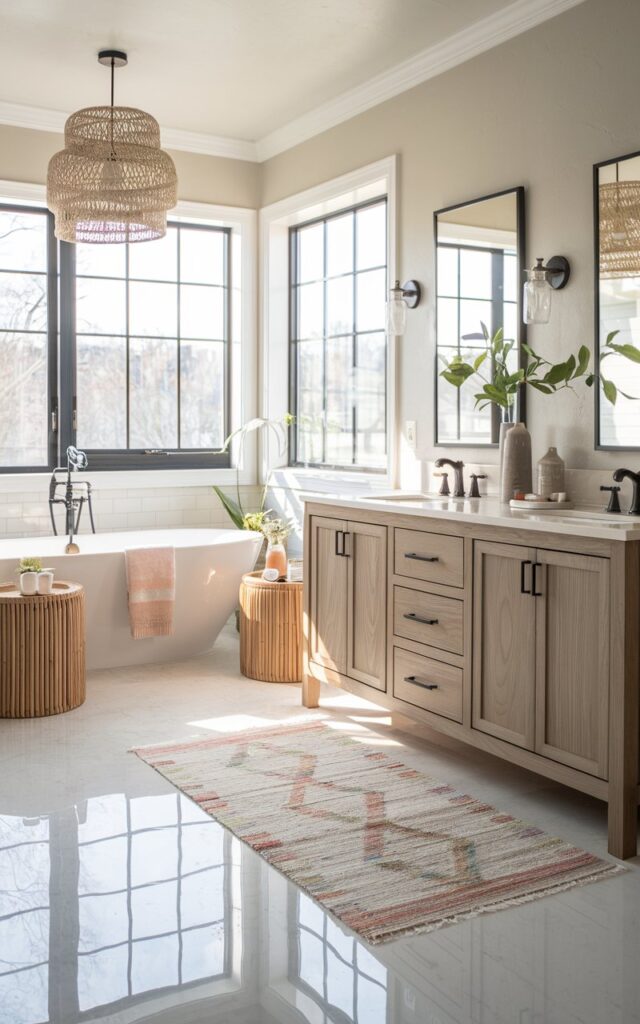 Scandi modern bathroom with a light reflective rug brightening the space.