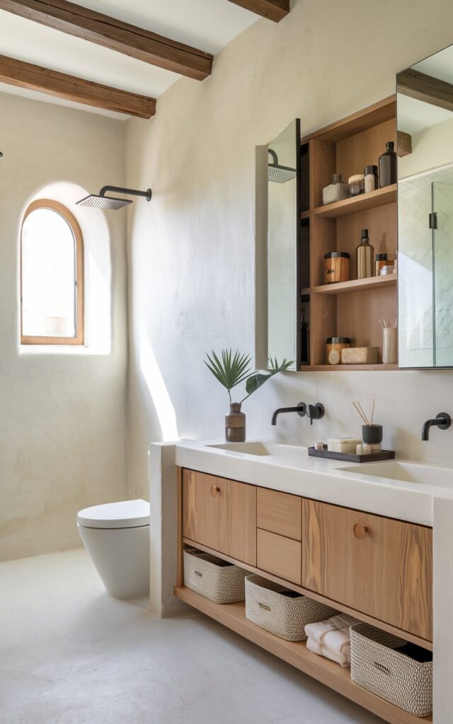 Mediterranean-modern bathroom with a recessed medicine cabinet storing toiletries.