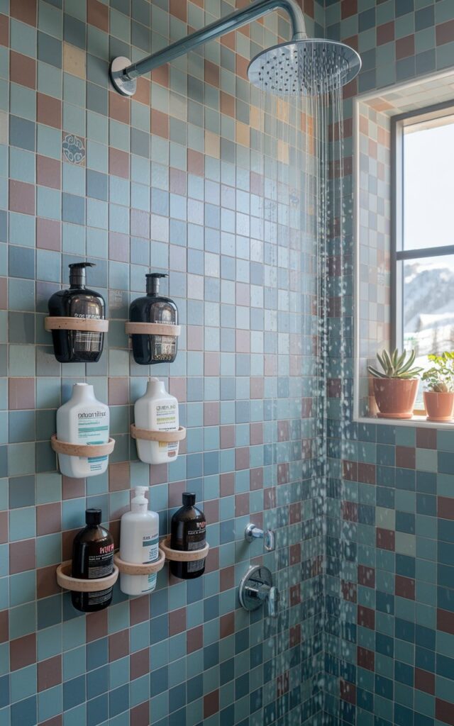Modern alpine shower with suction cup holders on tiles holding shampoo and body wash.