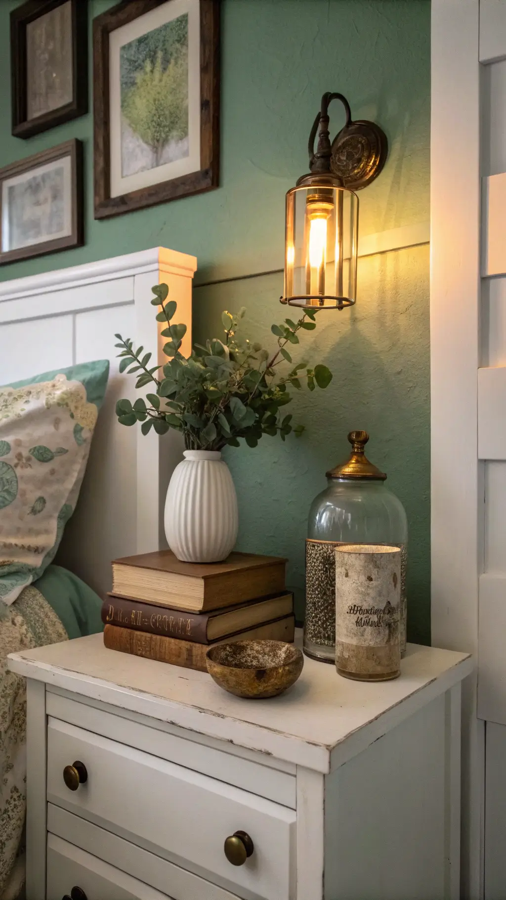 Farmhouse bedroom corner at blue hour with vintage white nightstand against sage green wall. A mason jar sconce casts a warm glow over antique books, a pottery vase with eucalyptus, and weathered picture frames, highlighting rich textures and patinas.