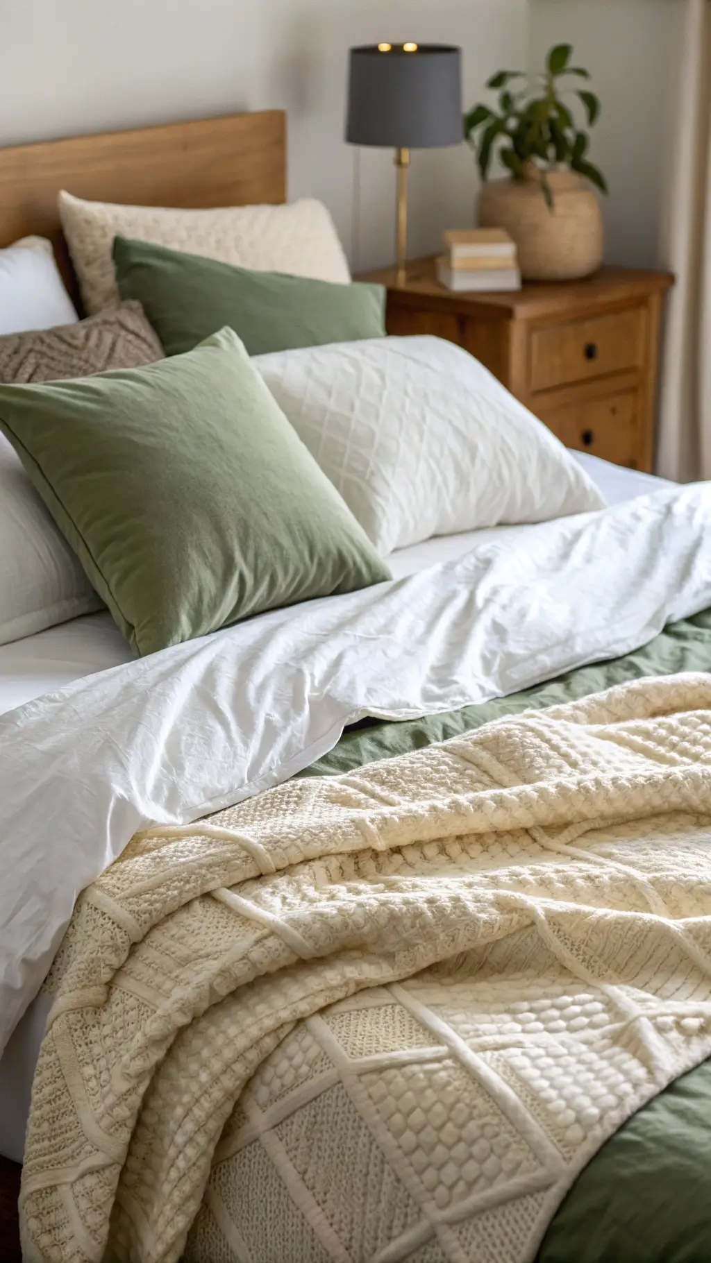 Layered bedding textures in soft morning light, featuring white cotton sheets, a cream textured duvet, sage green linen pillows, and a chunky knit throw. A vintage quilt drapes at the foot of the bed, adding pattern contrast. Macro shot emphasizes fabric weaves and material details.