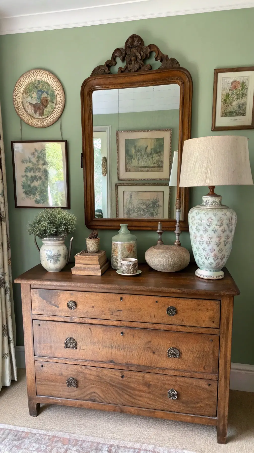 Vintage wooden dresser with aged patina against a sage green wall, adorned with an antique mirror, handmade pottery, a glass lamp with a linen shade, and framed botanical prints. Warm golden hour lighting enhances the scene with soft shadows.