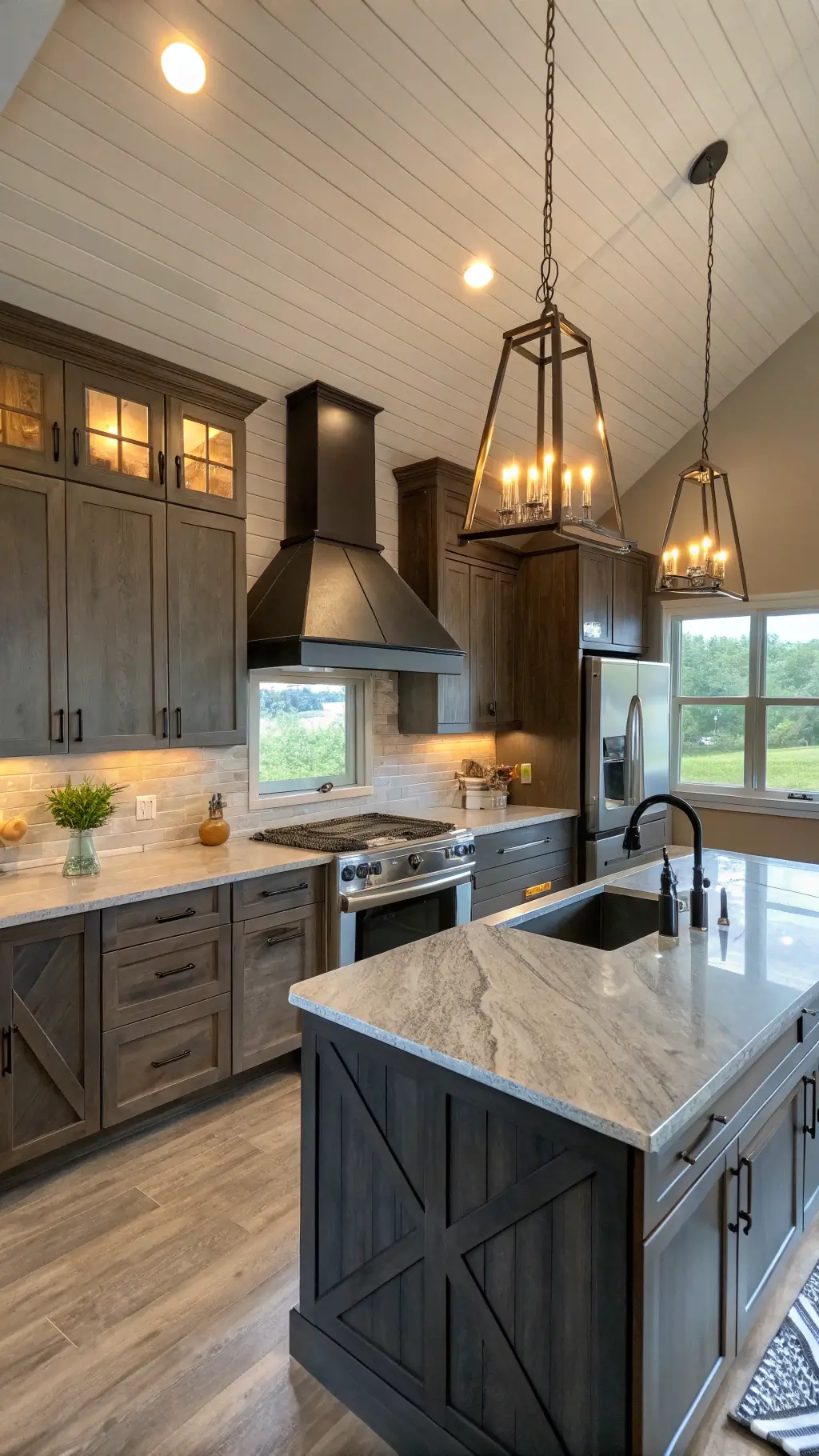 Modern kitchen corner bathed in golden hour light, showcasing matte charcoal cabinetry, textured granite countertops, and striking pendant lighting. Equipped with a professional-grade cooktop, farmhouse sink, and a smart refrigerator arranged in an ergonomic work triangle. A smart home control panel is discreetly mounted beneath upper cabinets, flanked by pull-out spice racks adjacent to the range hood.