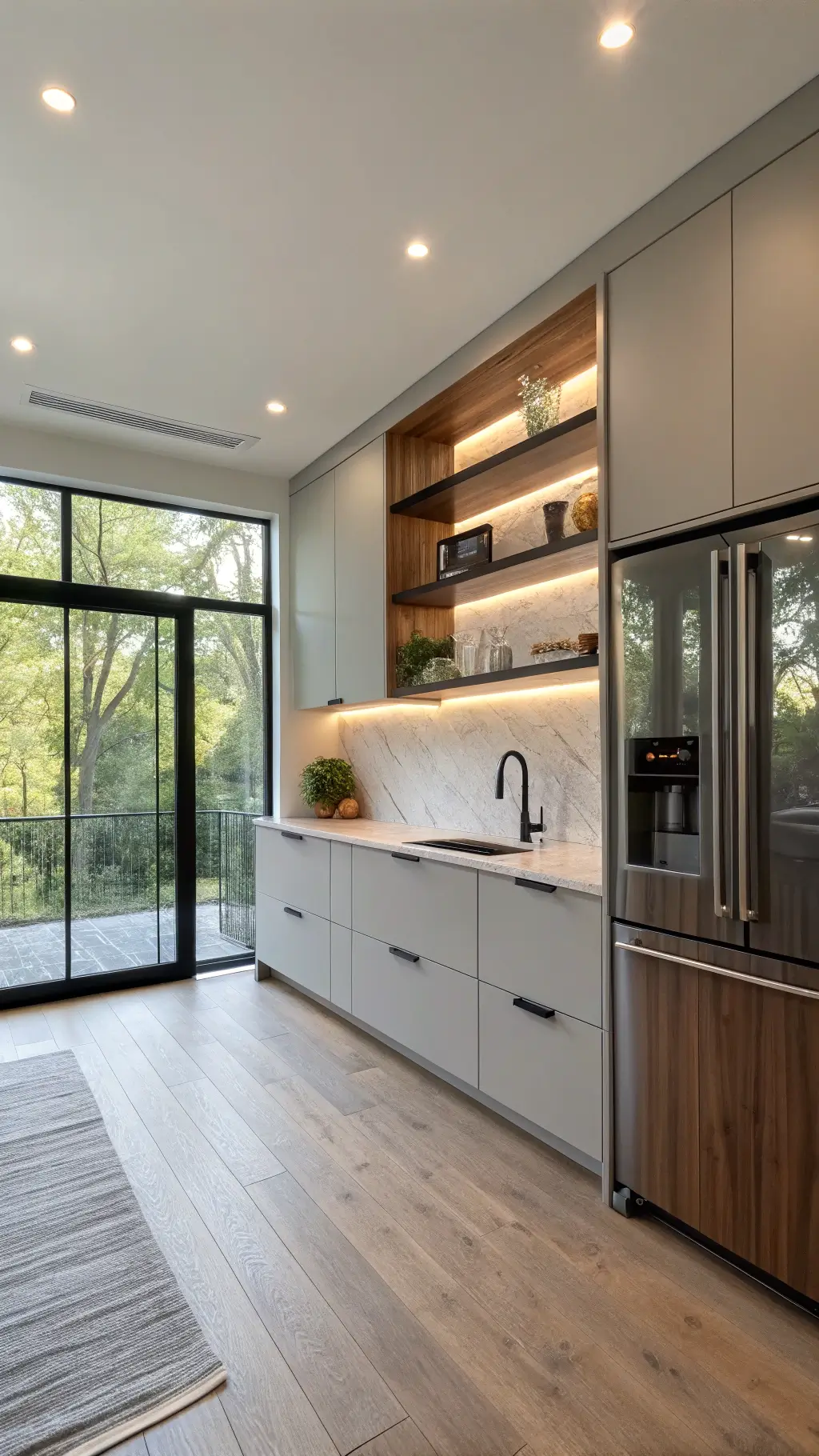 Minimalist modern kitchen with floor-to-ceiling windows, dove gray handleless cabinetry, matte black smart refrigerator, walnut floating shelves adorned with ceramics, and white quartz countertops illuminated by under-cabinet lighting. Voice-controlled lighting integrated with ceiling speakers.