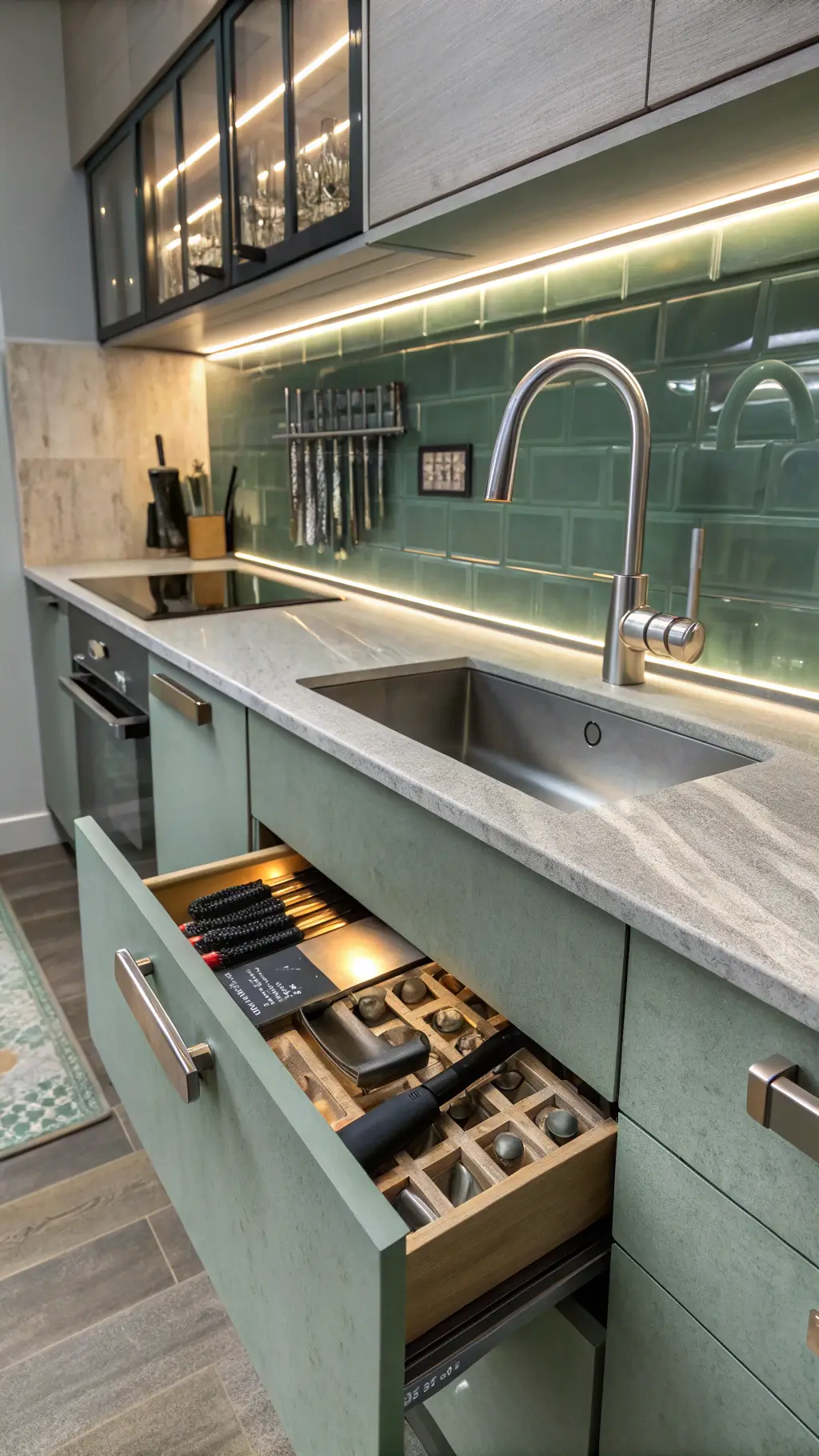Close-up of a modern kitchen workspace at twilight, featuring honed concrete countertops, sage green flat-panel cabinets, and a metallic glass backsplash. A brushed nickel touch-activated faucet stands near organized knife storage and a charging station. LED strip lighting glows beneath floating shelves, while a partially open drawer-within-drawer system reveals tailored storage. Macro shot highlights textures and material contrasts.
