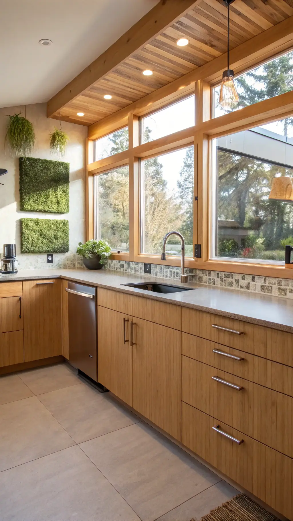 Eco-conscious modern kitchen featuring bamboo cabinetry, recycled glass countertops, and energy-saving stainless steel appliances. Morning sunlight highlights a smart water-efficient faucet and a vertical herb garden.