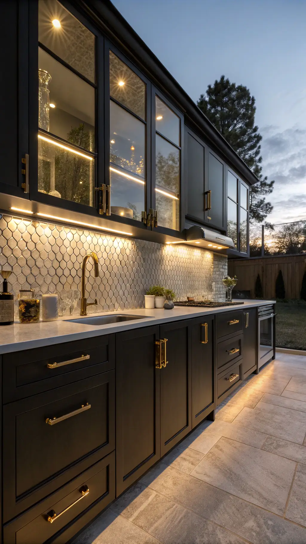 Striking dusk image of a modern kitchen with matte black upper cabinets, warm brass hardware, and integrated smart technology. Under-cabinet and toe-kick lighting accentuate a textured glass backsplash reflecting ambient light. Low-angle shot emphasizes vertical design elements and architectural illumination.