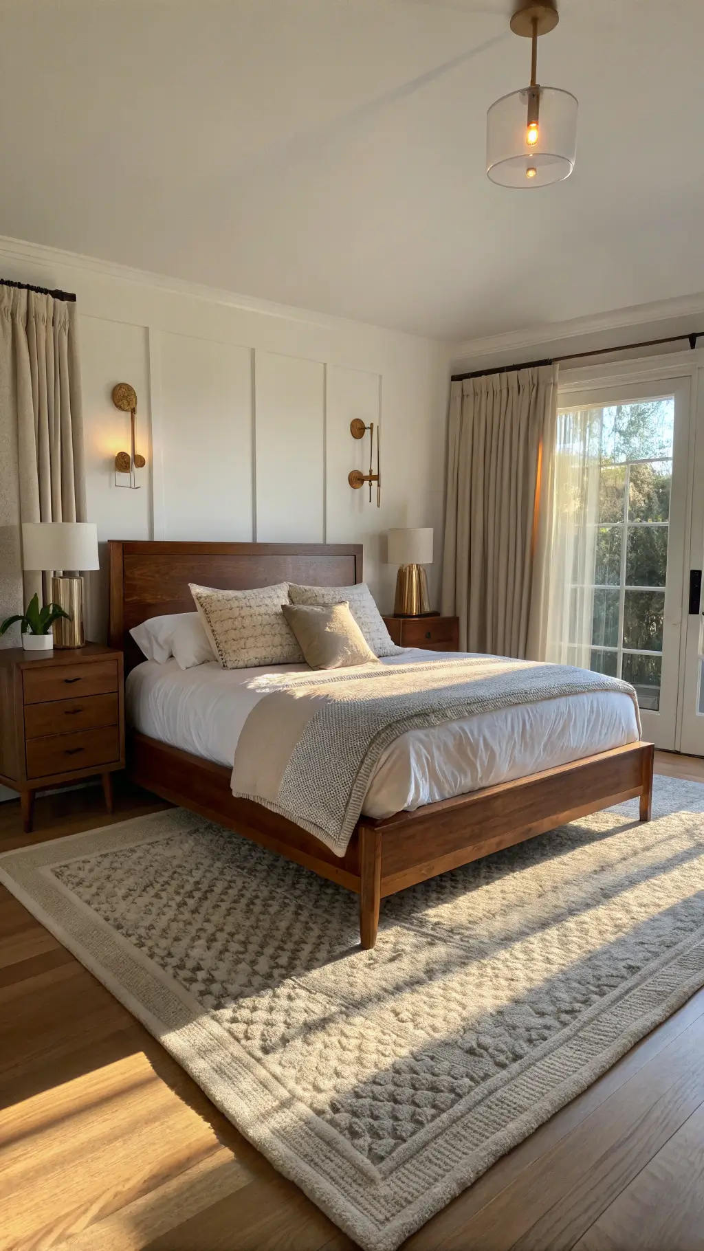 Elegant bedroom with walnut bed frame, white bedding, textured pillows, floating oak nightstands, brass wall sconces, and sheer linen curtains filtering warm light.