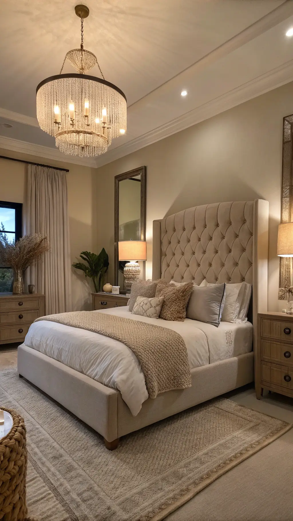 Luxury bedroom corner with an oatmeal linen tufted headboard, warm greige walls, oversized linen lamps, layered velvet and knit pillows, vintage brass floor mirror, and natural pampas grass in a seagrass basket.