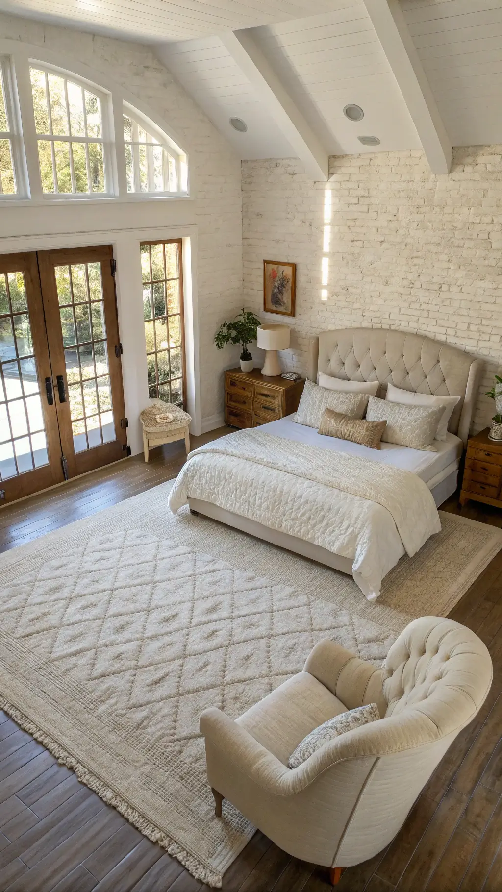 Overhead view of a bedroom with a California king bed on an ivory wool rug, white textured bedding, cream bouclé chairs near French doors, whitewashed brick accent wall, natural fiber roman shades, and a vintage dresser with ceramic decor.