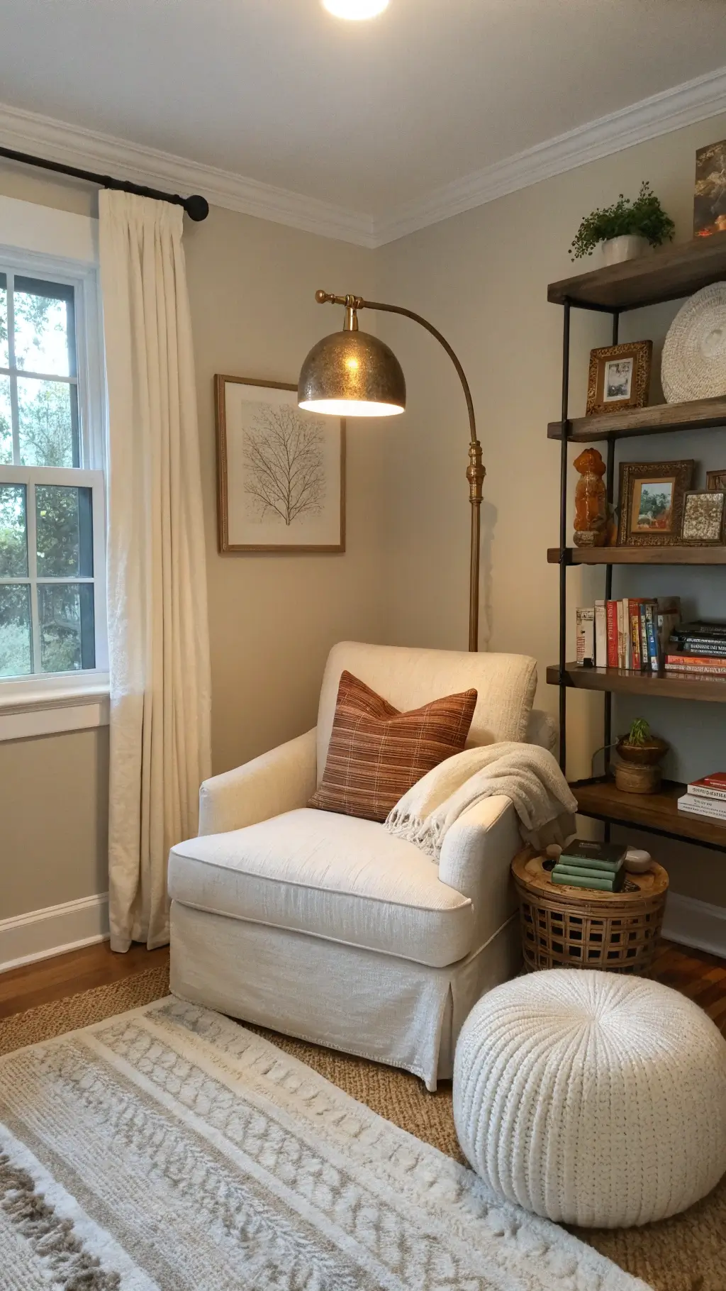 Cozy bedroom nook with a large cream linen armchair, vintage brass floor lamp, hand-knotted ivory wool rug layered over sisal flooring, round side table with art books and alabaster sphere, floating shelves with neutral pottery and dried botanicals, set against mushroom-toned walls.
