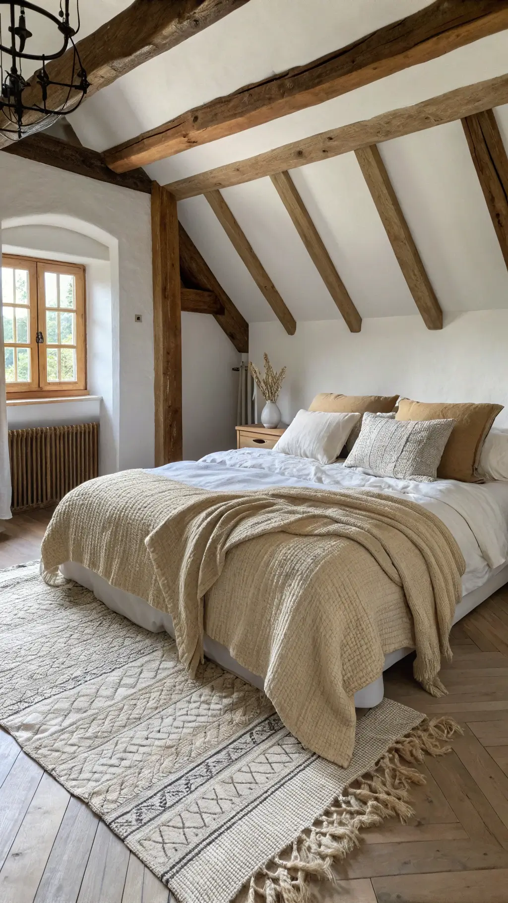 Bright bedroom with soft ecru cotton sheets, warm white duvet, layered linen cushions in neutral shades, chunky oatmeal knit throw, distressed wood beams, and a vintage Moroccan rug over white oak herringbone flooring.
