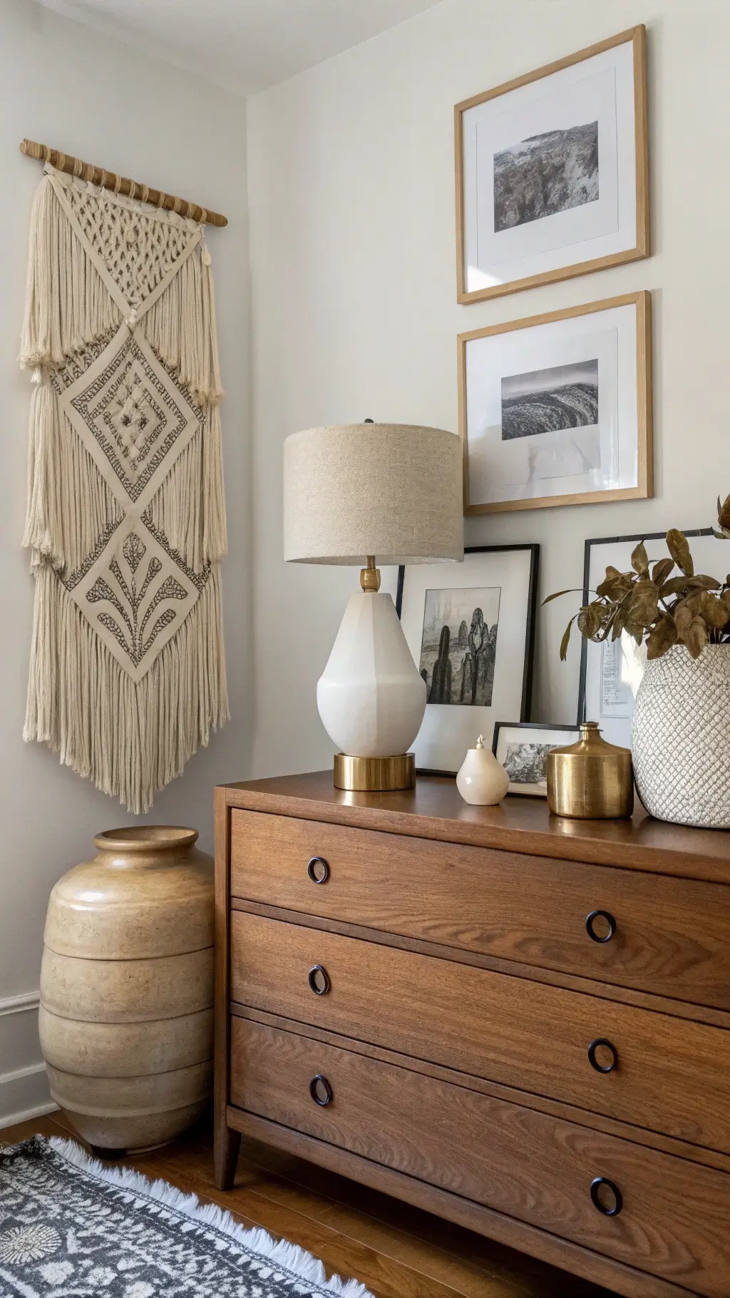 Vintage oak dresser in a cozy bedroom styled with ceramic vessels, brass decor, black-and-white framed photography, a textured woven wall hanging, and a ceramic table lamp casting soft light.