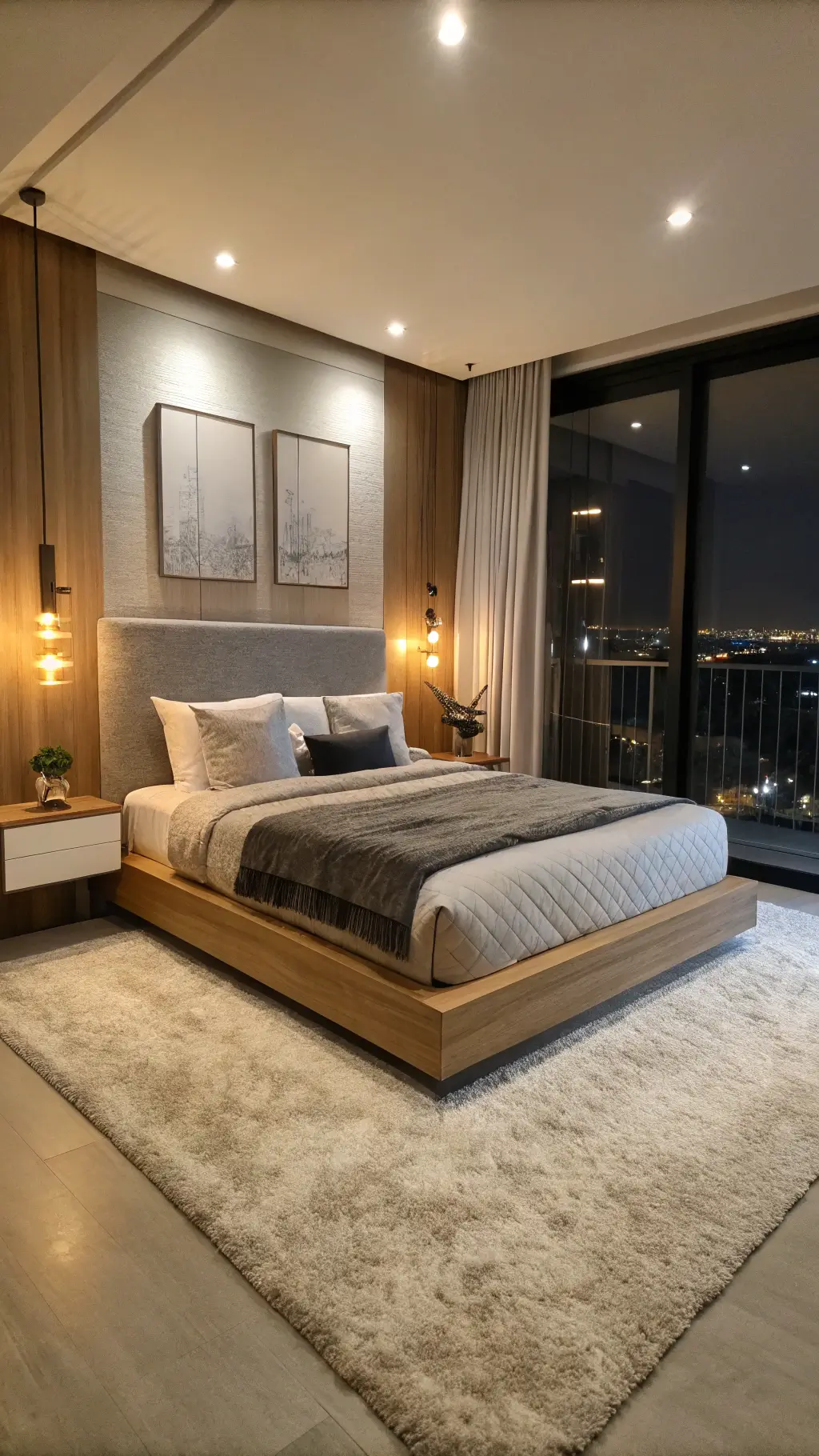 Modern bedroom at night featuring a light oak platform bed with integrated nightstands, illuminated by sleek sconces. The bedding is a monochromatic greige, complemented by an ivory wool carpet and black and brass accents. Sheer curtains softly filter city lights.