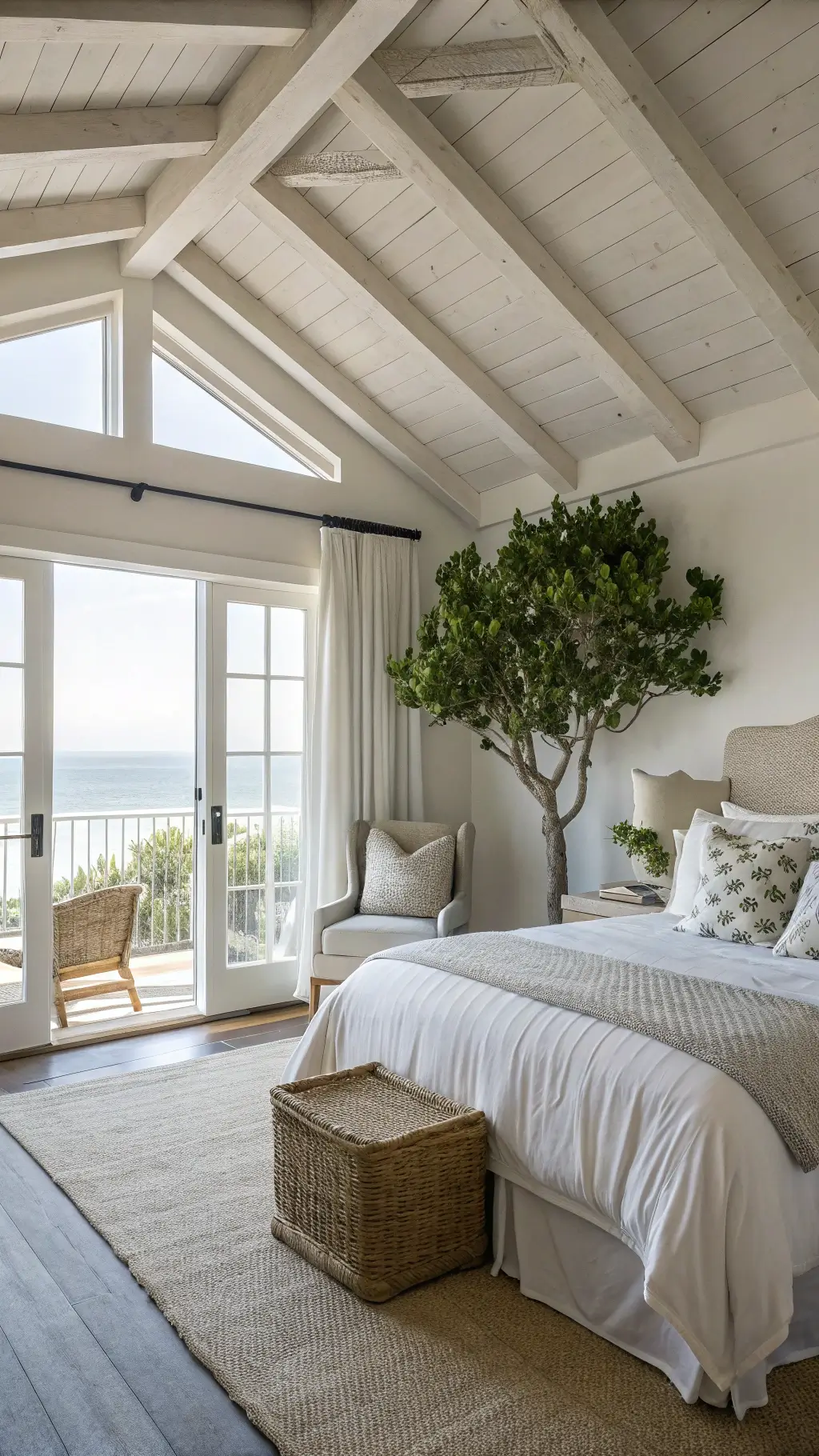 Corner view of a bright coastal bedroom with French doors opening to a balcony. A white slip-covered chair sits beside a seagrass trunk serving as a side table. The bed is layered with a white matelassé coverlet, a rumpled linen duvet, and textured pillows. Whitewashed wooden beams span the ceiling, and a potted olive tree adds greenery. Natural midday light fills the space, highlighting the airy design.
