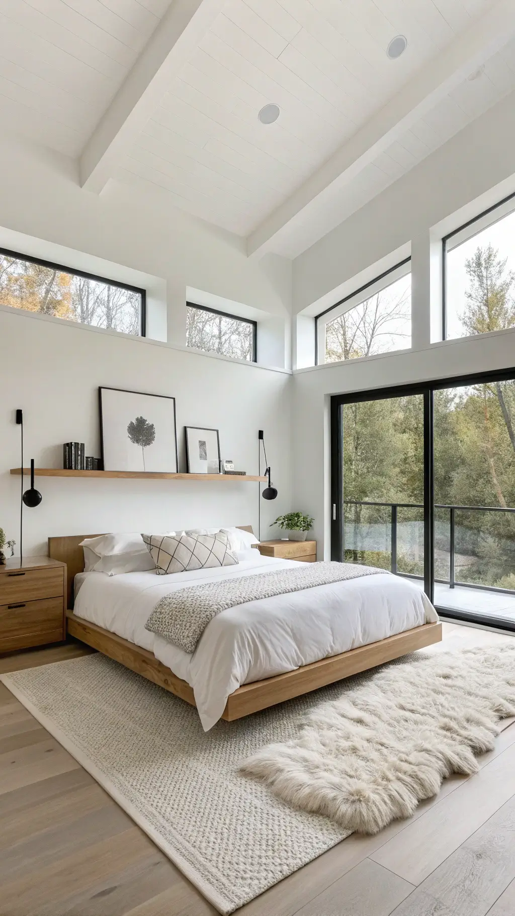 Scandinavian white studio bedroom, 12x14ft, with floor-to-ceiling windows. White oak furniture contrasts with pure white walls. Platform bed with geometric white bedding, black metal sconces, and sheepskin throws. Minimalist line art in thin black frames, white ceramic vessels on a floating shelf. Bright, even lighting highlights geometric harmony.