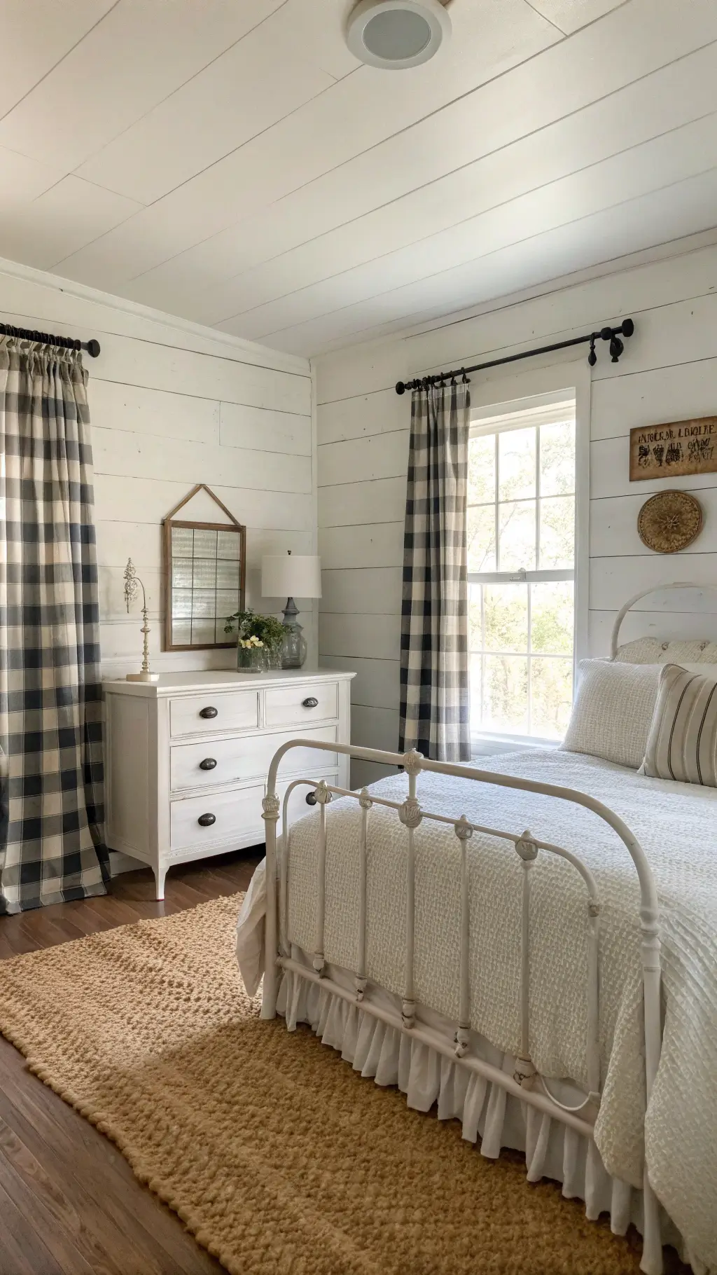 Farmhouse-style bedroom with creamy white shiplap accent wall, antique white iron bed layered with a quilted coverlet and striped pillows. Morning light filters through buffalo check curtains. A distressed white dresser holds a vintage milk glass collection, and a woven jute rug adds texture. Rustic charm with soft, diffused natural light.