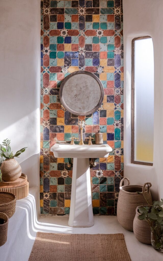 A bathroom with a colorful Moroccan tile feature wall showcasing intricate geometric and floral patterns in blues, terracotta, yellow, and green.