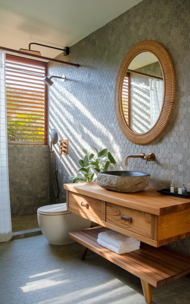 A Balinese-inspired bathroom featuring a hexagon tile backsplash in earthy tones behind a natural stone basin sink with teak vanity and brass fixtures.