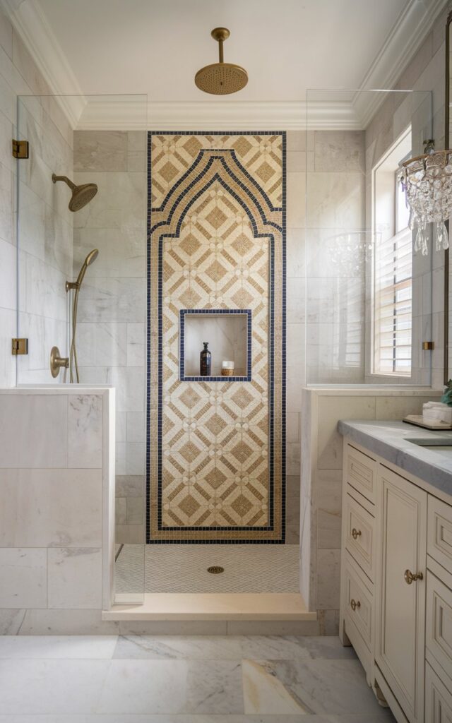 A transitional bathroom with mosaic tile inlays in gold, cream, and navy framing the shower niche, surrounded by neutral marble tiles and polished brass fixtures.