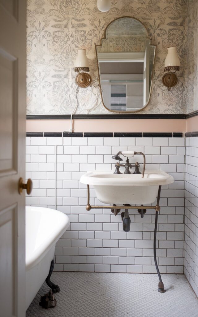 A vintage bathroom featuring white subway tiles accented with black grout, creating a striking high-contrast look with antique brass fixtures.