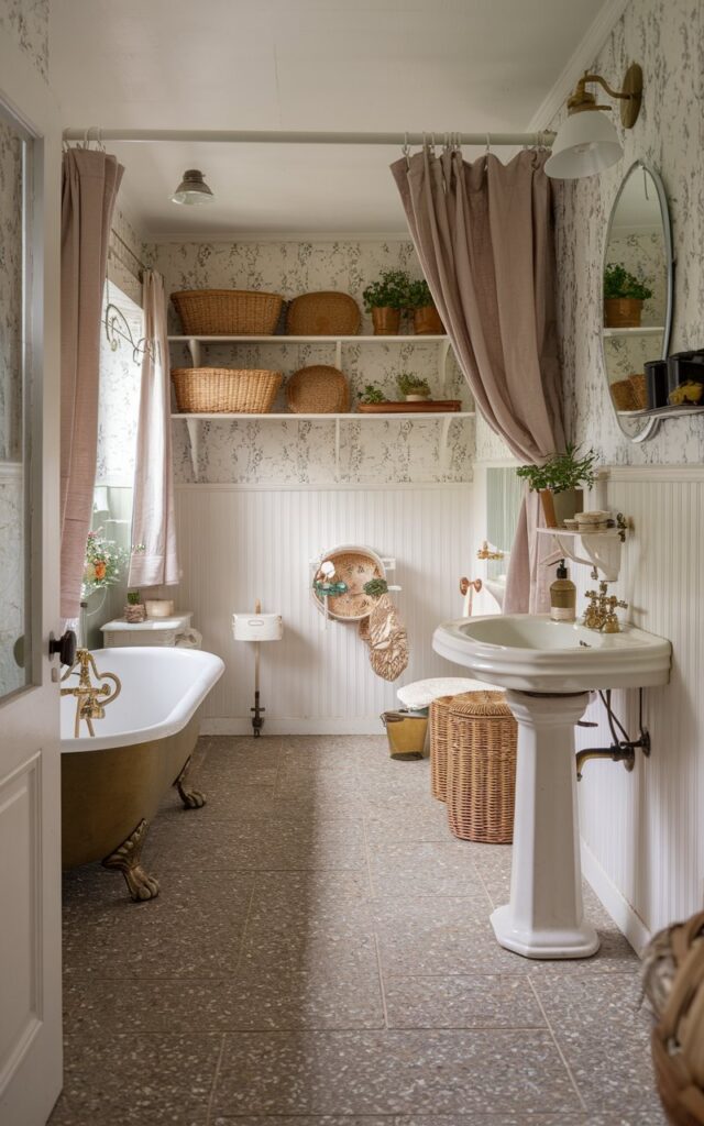 A cozy cottagecore bathroom with terrazzo floor tiles in earthy tones, clawfoot tub, white beadboard walls, vintage floral wallpaper, and antique brass fixtures.