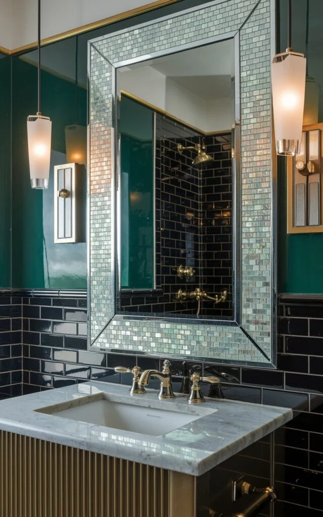 An Art Deco bathroom with a rectangular mirror framed by iridescent mosaic tiles shimmering in pearl, silver, and pastel tones, contrasted with black subway tiles and emerald green walls.
