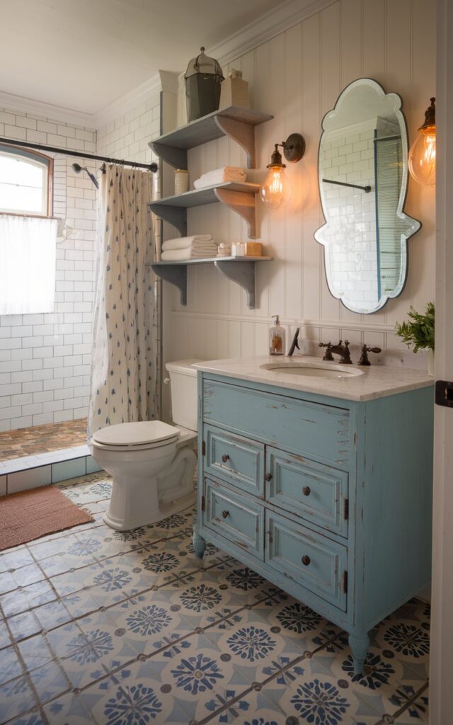 A French country bathroom with patterned encaustic tile floors in soft blues, reds, and cream, paired with a robin's egg blue vanity and vintage-style sconces.