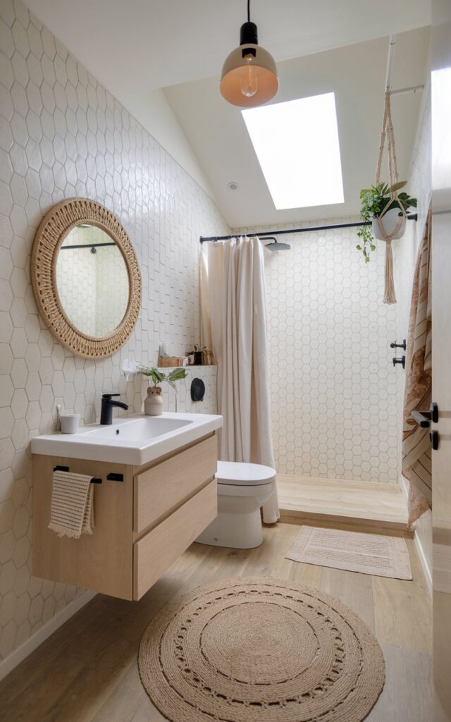 A bright Scandinavian bathroom with ivory and beige hexagon tiles, light wood vanity, rattan mirror, and matte black fixtures.