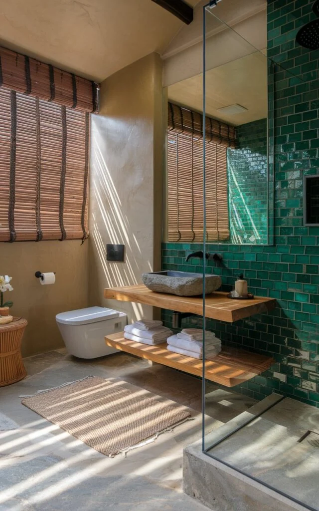 A modern Balinese bathroom with deep emerald green tiles on an accent wall, teak vanity, matte black fixtures, and natural stone flooring.