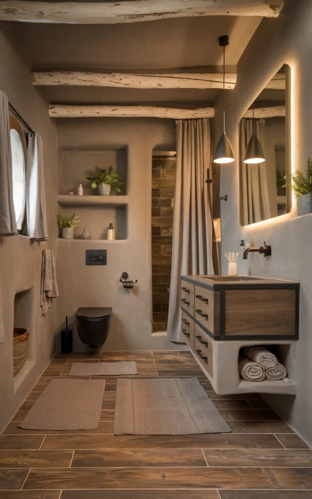 A rustic bathroom with walnut-toned wood-look tile flooring, a floating vanity with matte black hardware, and warm taupe walls.